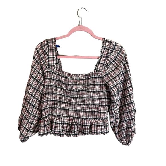 Tommy Jeans Plaid Smocked Peplum Top Womens Size L Square-Neck Multicolor NEW - Picture 2 of 4